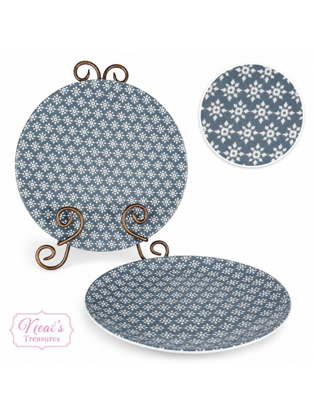 Mainstays FLORAL White Gray Ceramic Round Dishwasher Safe Dinner Plates Set of 2